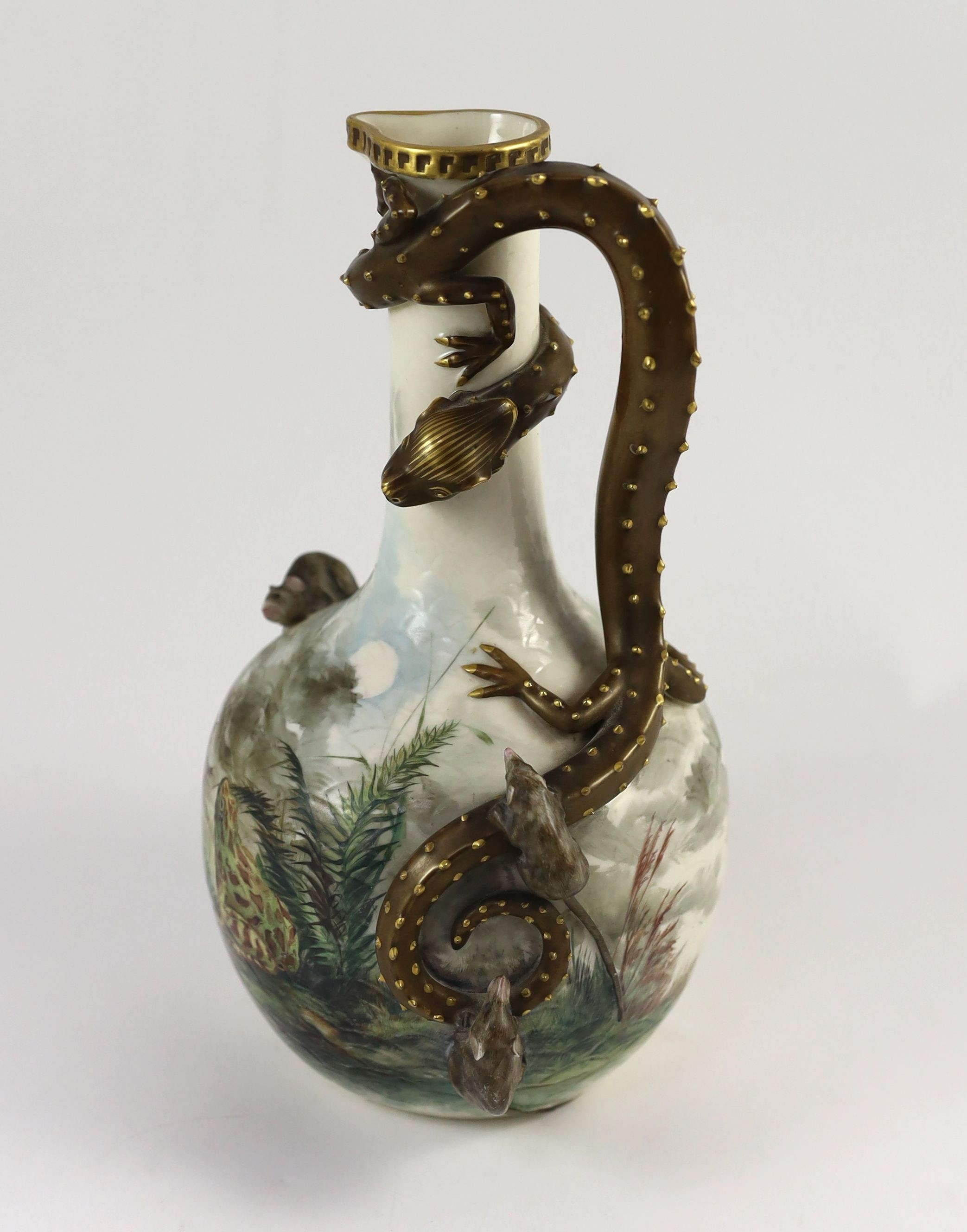 An unusual Royal Worcester ‘frog and mice’ ewer, c.1880, 29cm high